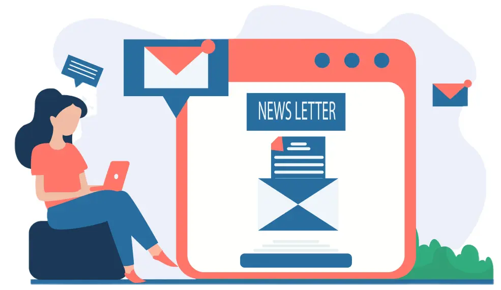 Illustration d'une femme assise avec son ordinateur portable, elle envoie des newsletters
