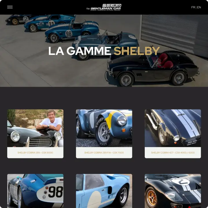 Capture d'écran de la page la gamme Shelby du site Gentleman Car