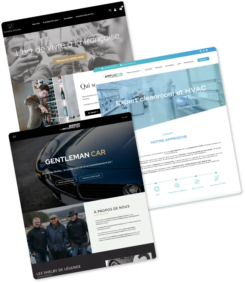 Captures d'écran de trois pages d'accueil mise les unes sur les autres, Domaine d'Ecuelle, Applicair et Gentleman Car